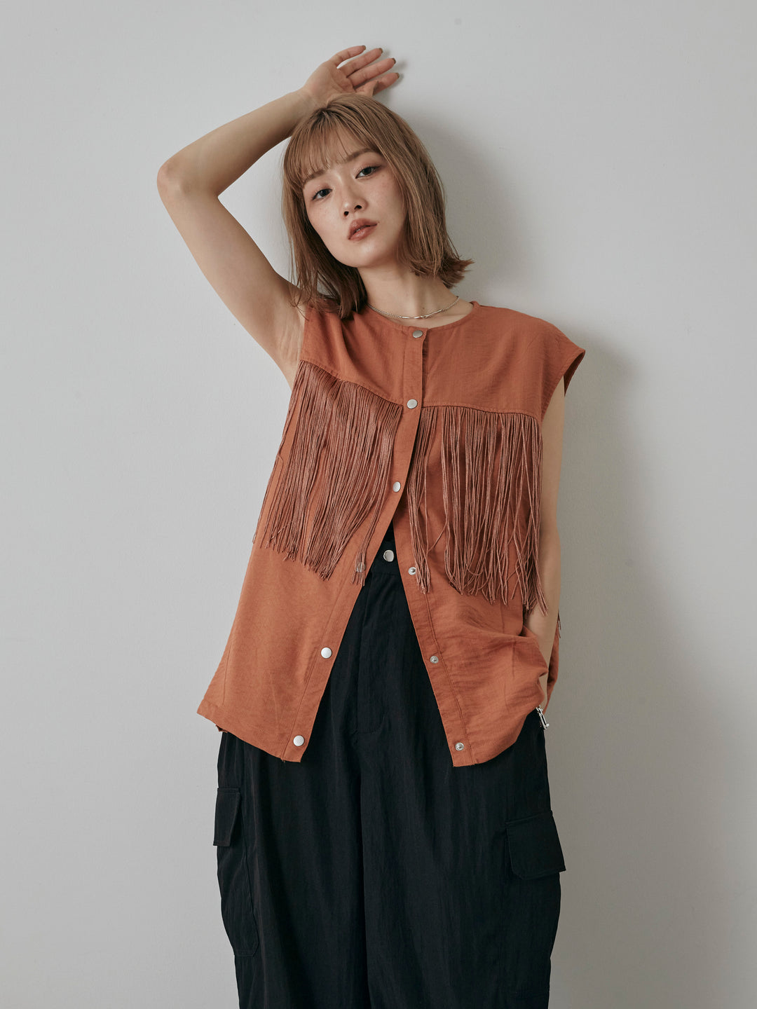 【預購】流蘇無袖上衣/摩卡色