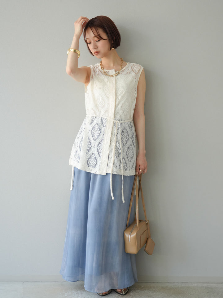 [SET] 緞面滾邊蕾絲無袖上衣 + nuance 透視喇叭裙 (2 套)