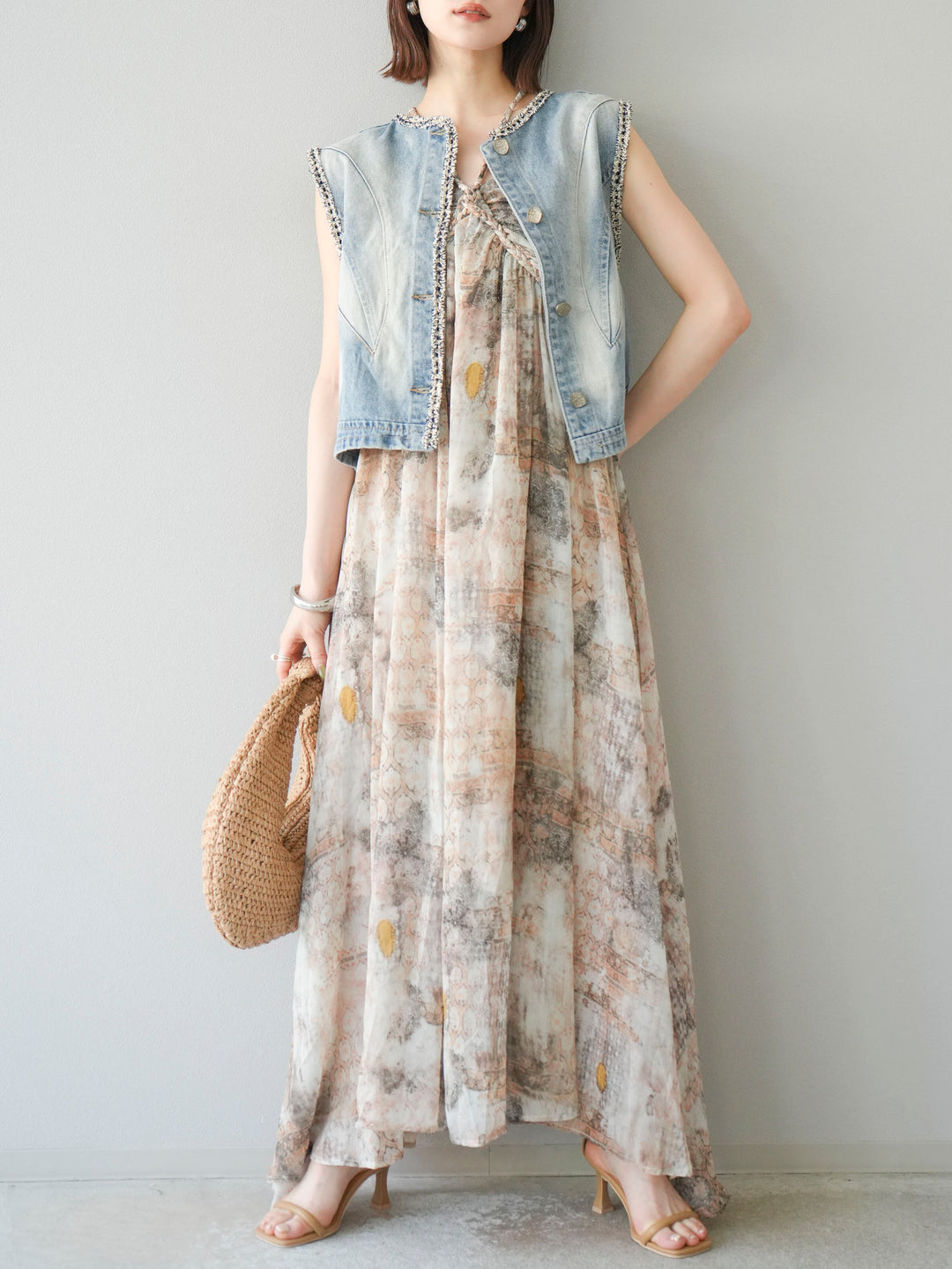 [予約]ツイードデザインデニムベスト/ライトブルー