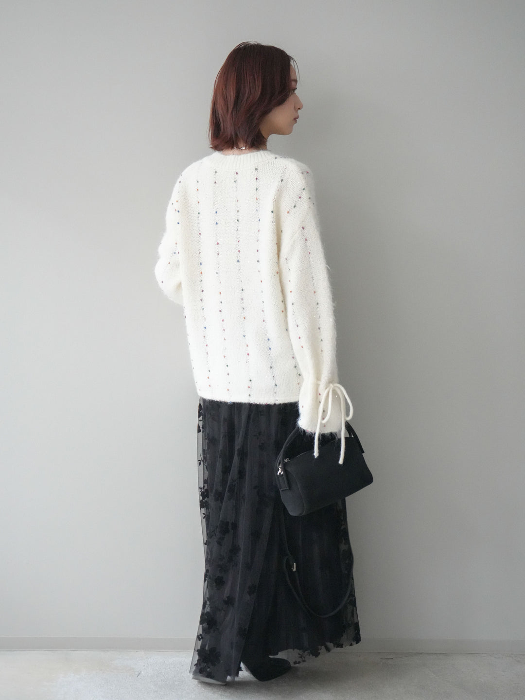 [SET]キャンディースリーブカラーネップスパンコールニットプルオーバー+フラワーフロッキーチュールプリーツスカート(2set)