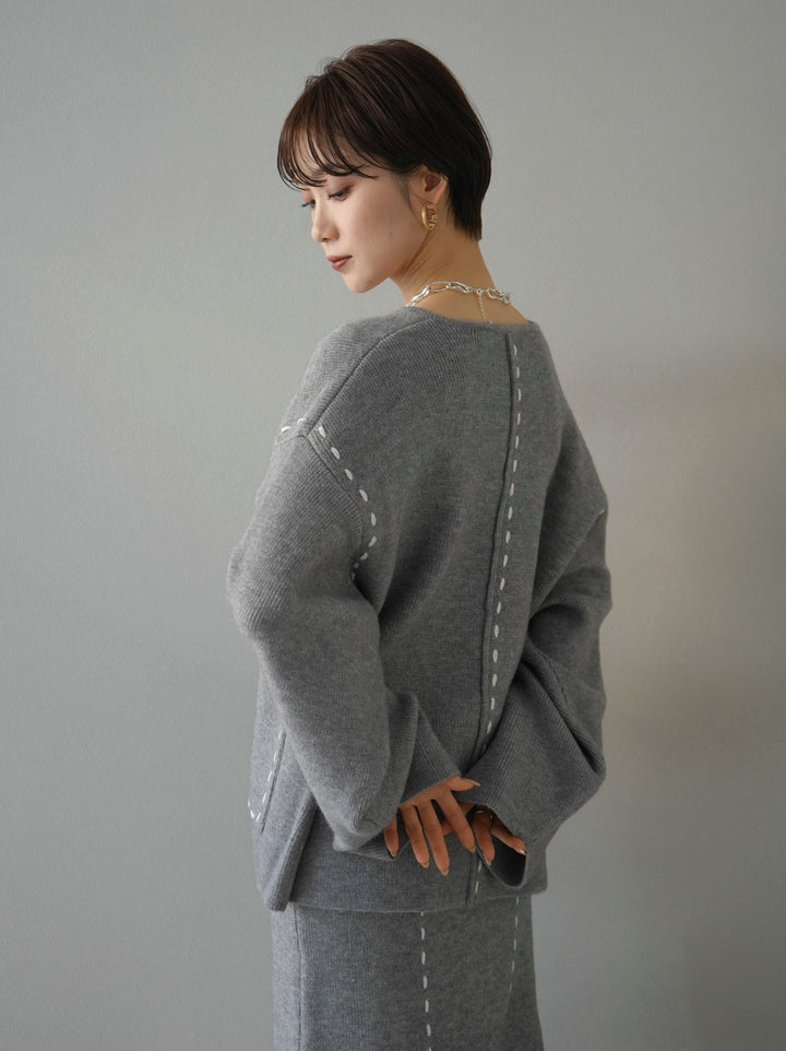 [Pre-order] Stitch embroidery zip knit cardigan/gray