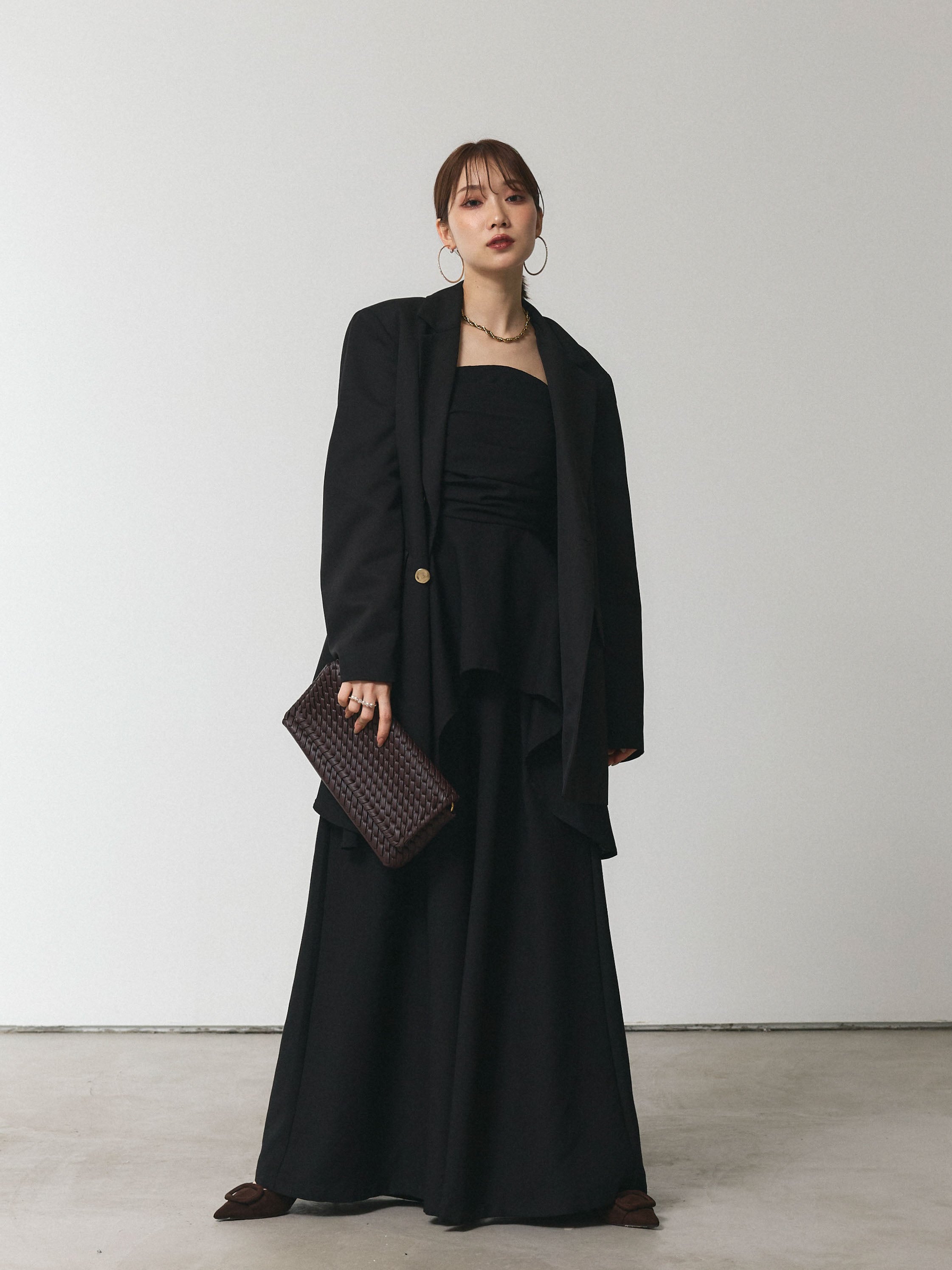 美品✨リヴェタート　ペプラム　ギャザージレ　黒　ワイドシルエット　オケージョン Allure】[SET]ぺプラムベアトップス＆ワイドパンツSET UP+ダブル