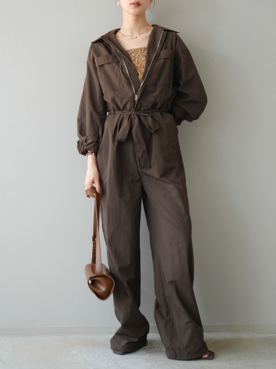 [予約]ナイロンジャンプスーツ/ブラウン