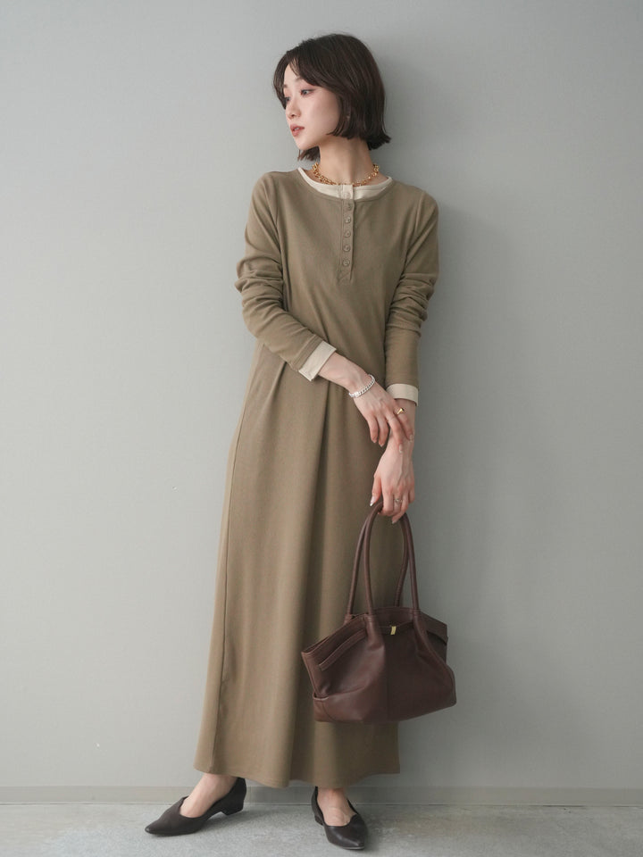 [予約]配色レイヤードヘンリーネックカットリブワンピース/mocha