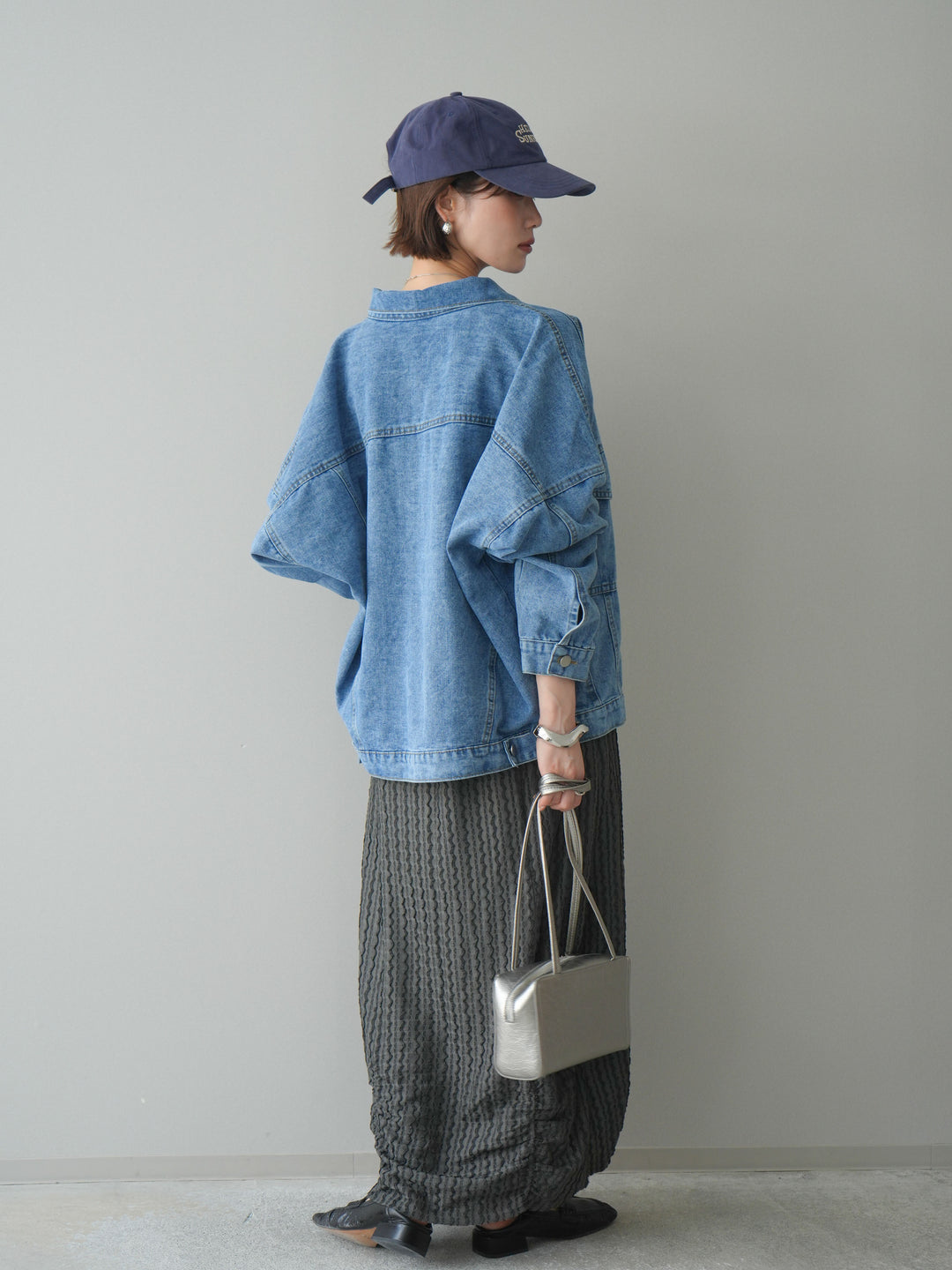 [SET]シャーリングジャガードノースリーブワンピース+ルーズシルエットデニムジャケット(2set)