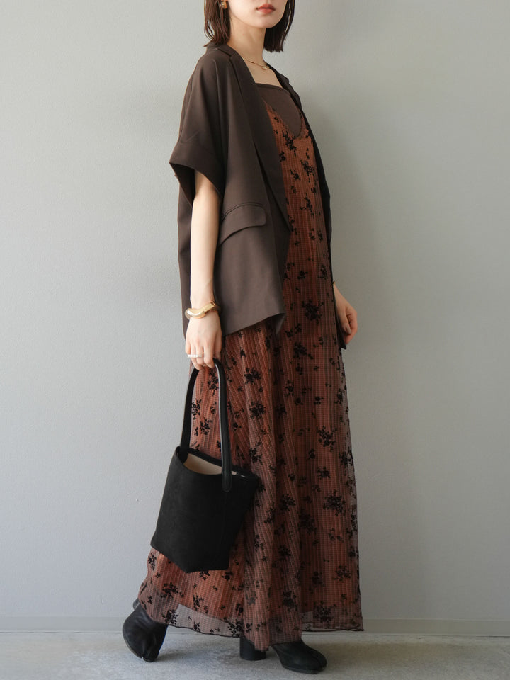 [套裝] 植絨薄紗層疊天鵝絨吊帶連身裙 + 金色紐帶半夾克 (2 套)