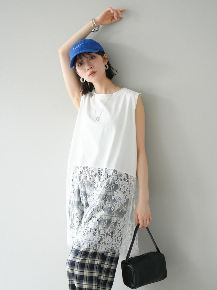 [予約]レース切替ノースリトップス/ホワイト