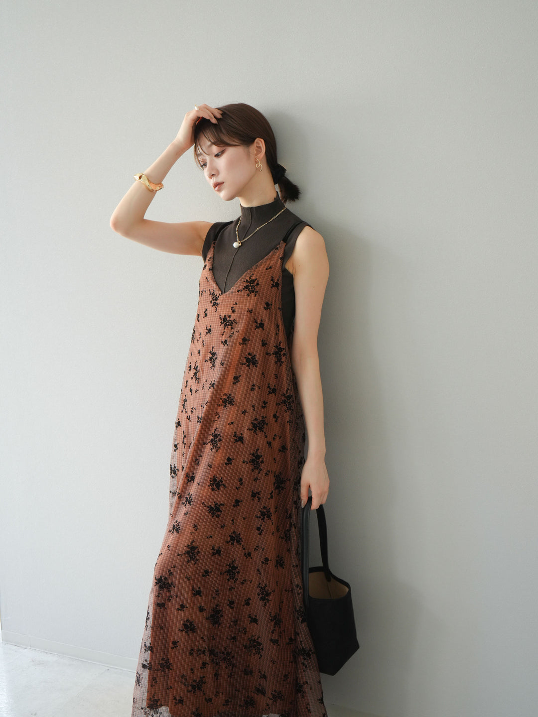 [予約]フロッキーチュールレイヤードベロアキャミワンピース/オレンジ