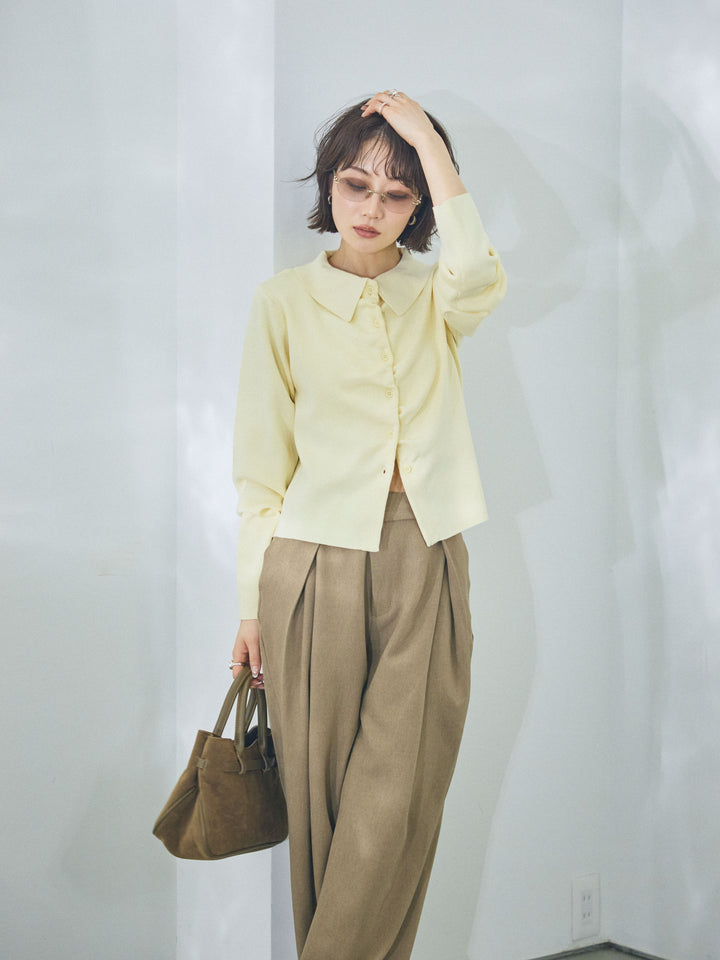 【Allure】[SET]襟付きギャザーニットカーディガン+アシンメトリーウエストタックパンツ(2set)