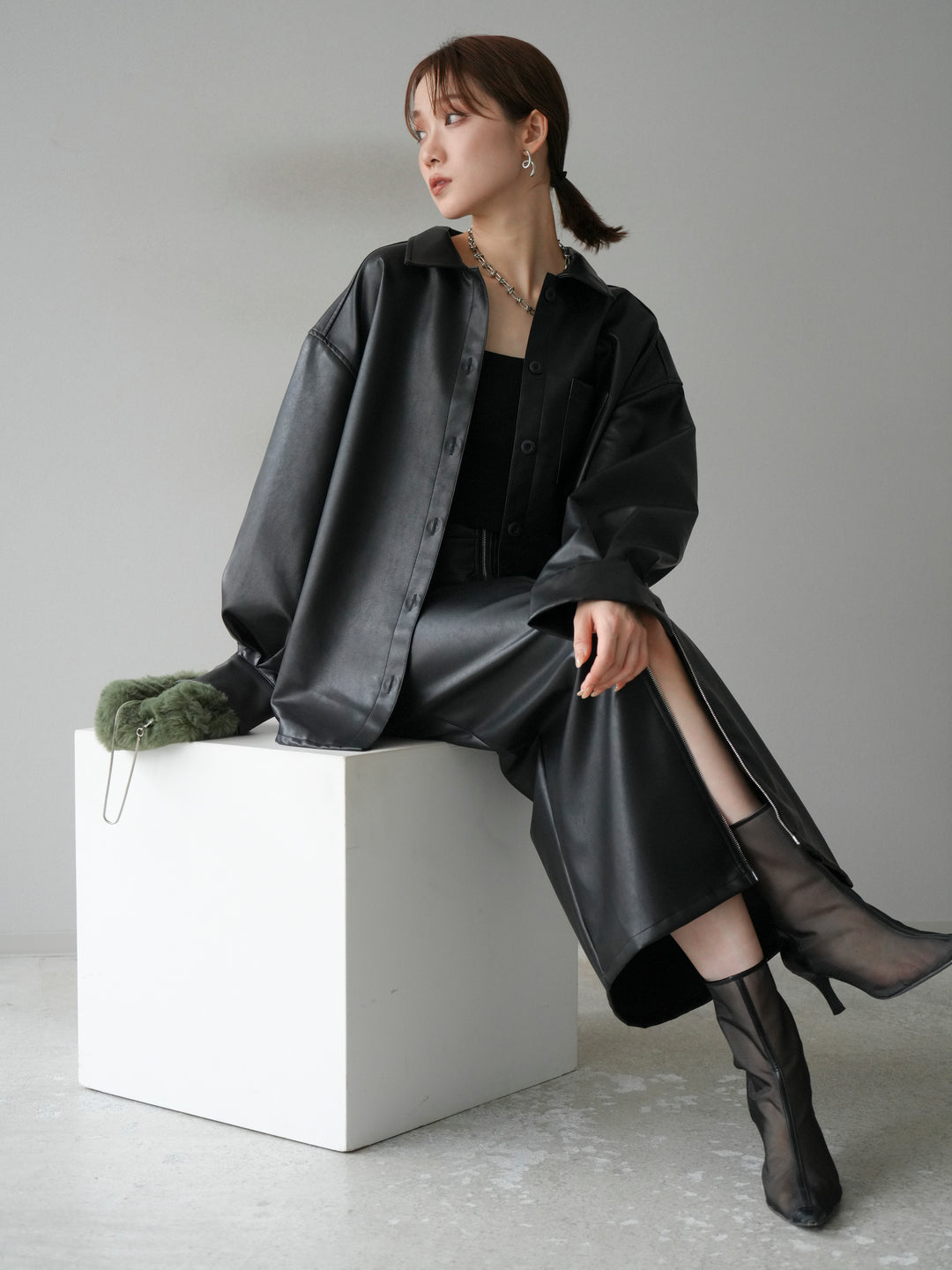 [予約]フェイクレザーシャツ/ブラック