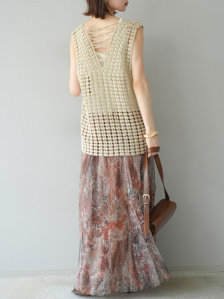 [予約]ニュアンス柄チュールレイヤードプリーツスカート/ブラウン