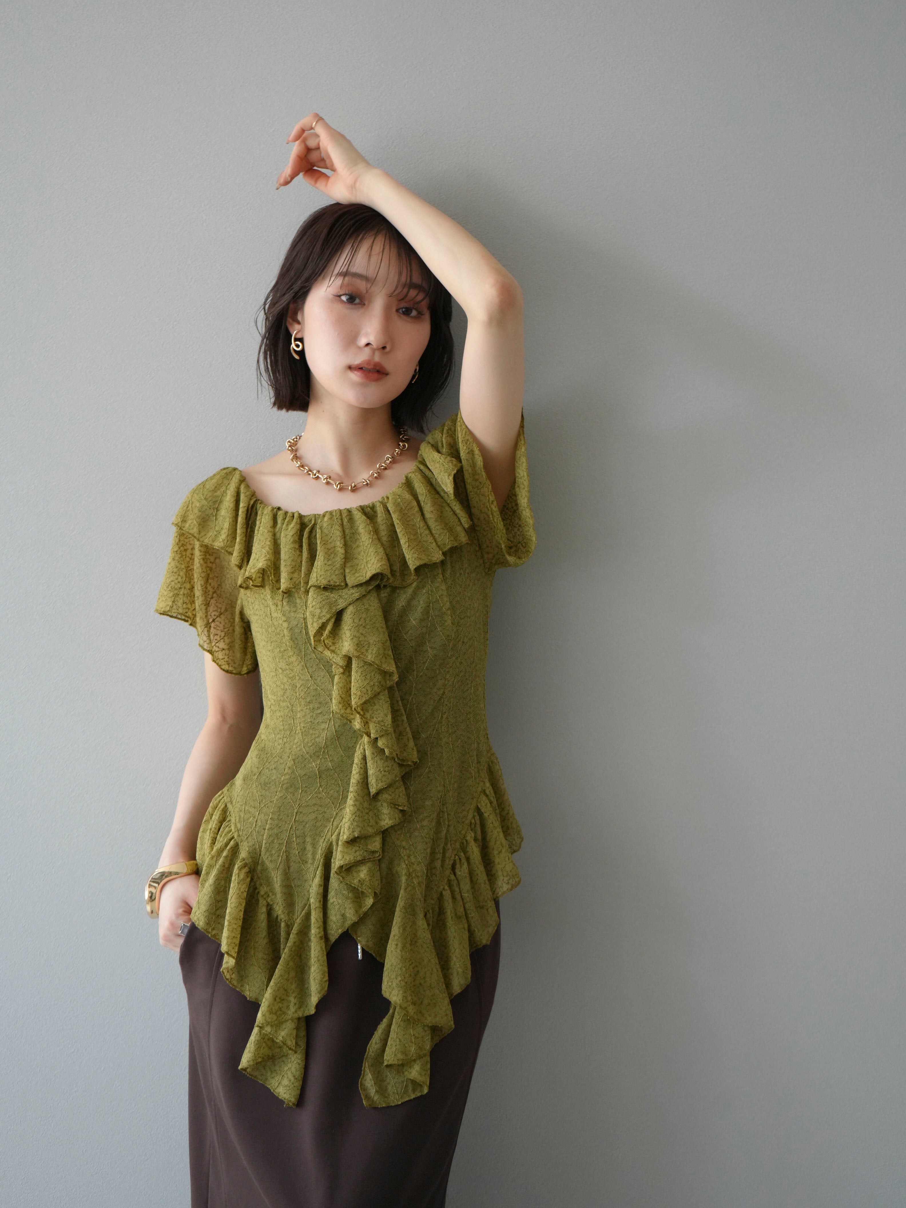 POPPY レースレイヤードラウンドトップス (グリーン) Lace layered