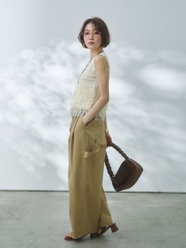 【Allure】[SET]フリンジクロップドニットベスト+カットオフコットンツイルタックワイドパンツ(2set)