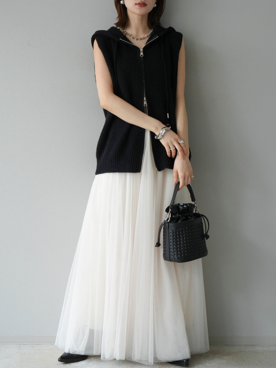 [予約]ノースリーブニットパーカー/ブラック