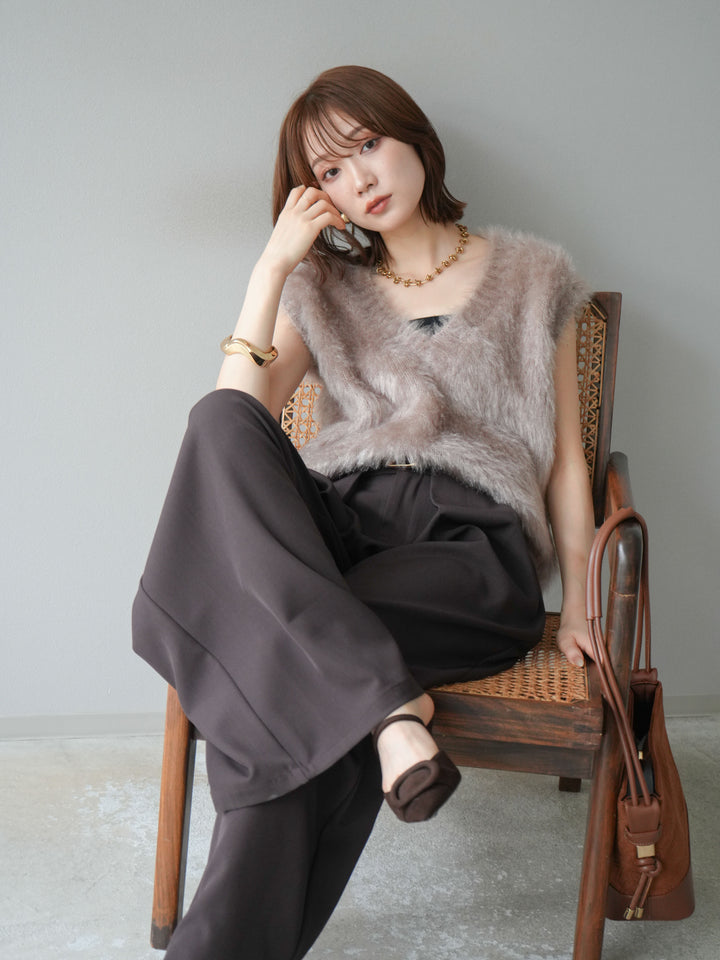 【預購】Lame Shaggy V領針織背心/灰米色