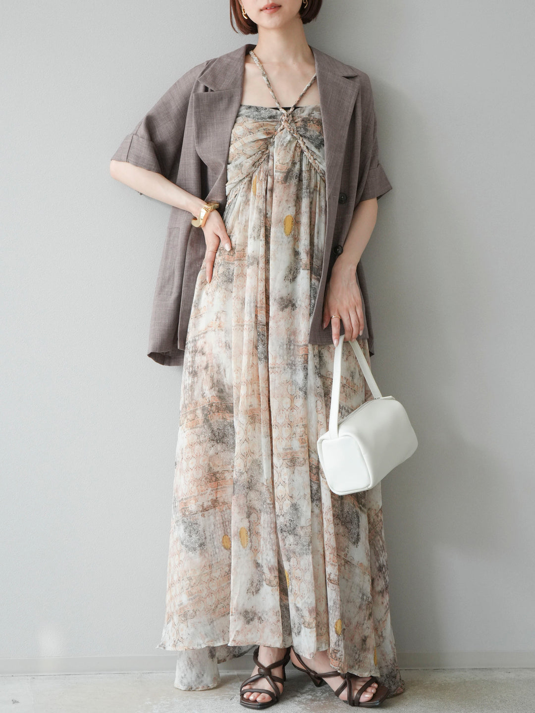 [予約]編み込みショルダーニュアンス柄シフォンワンピース/ベージュ