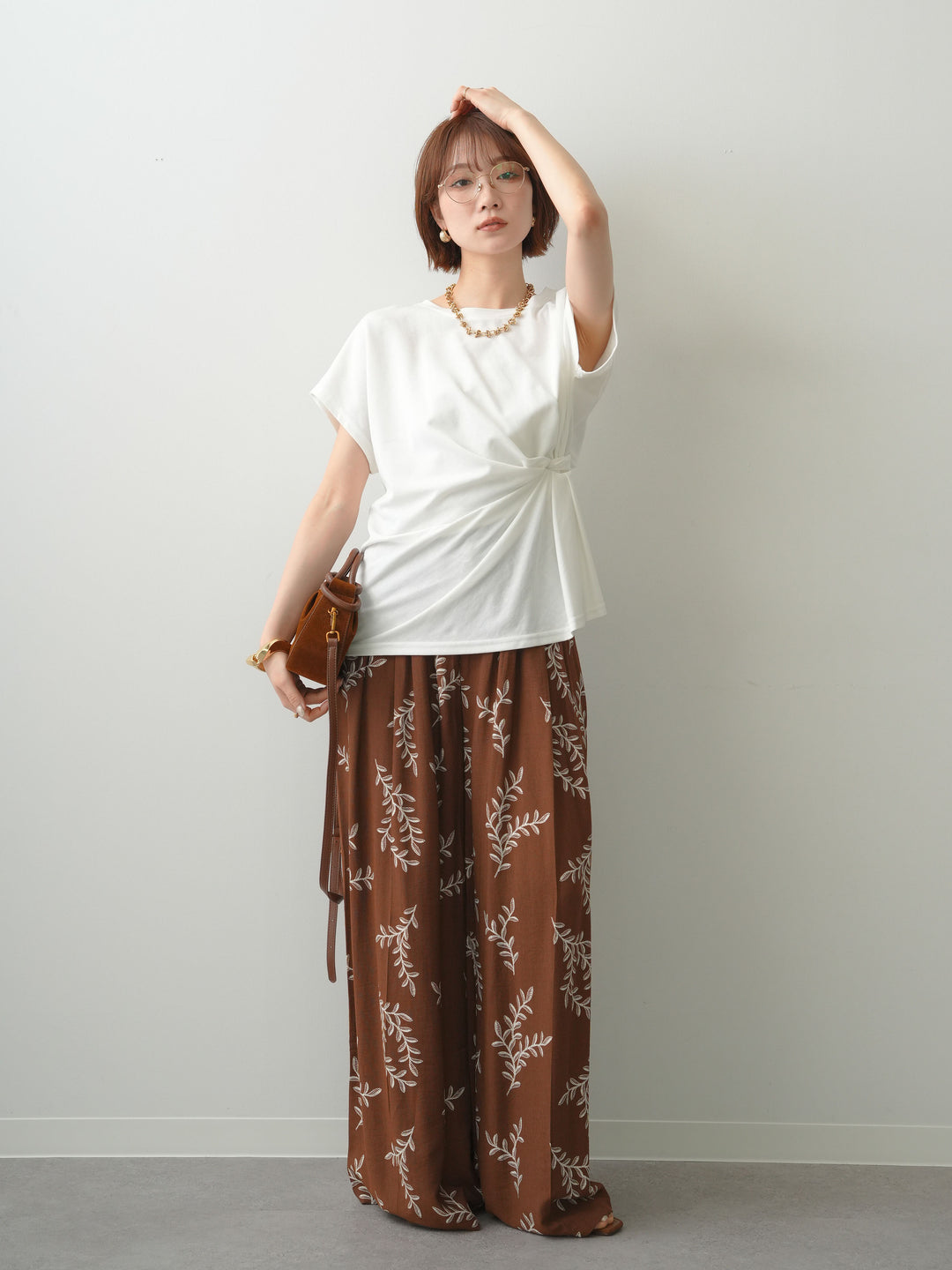 [SET]サイドノットTEE+リーフプリントタックワイドパンツ(2set)
