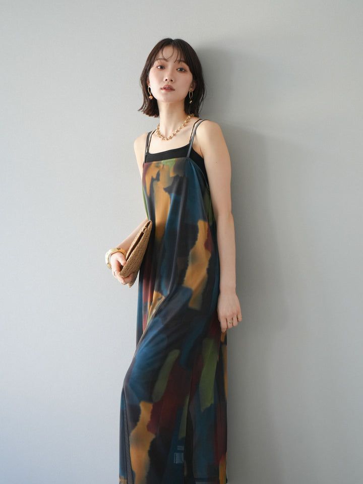 [予約]水彩アートシアーキャミワンピース/チャコール