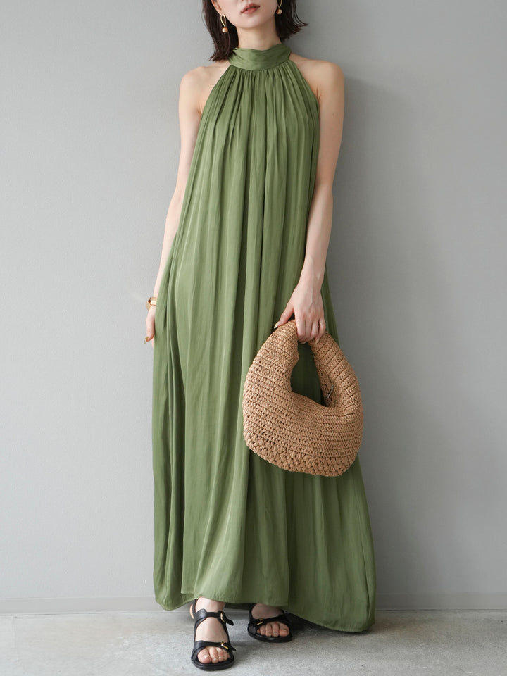 [予約]シャイニーホルターワンピース/グリーン