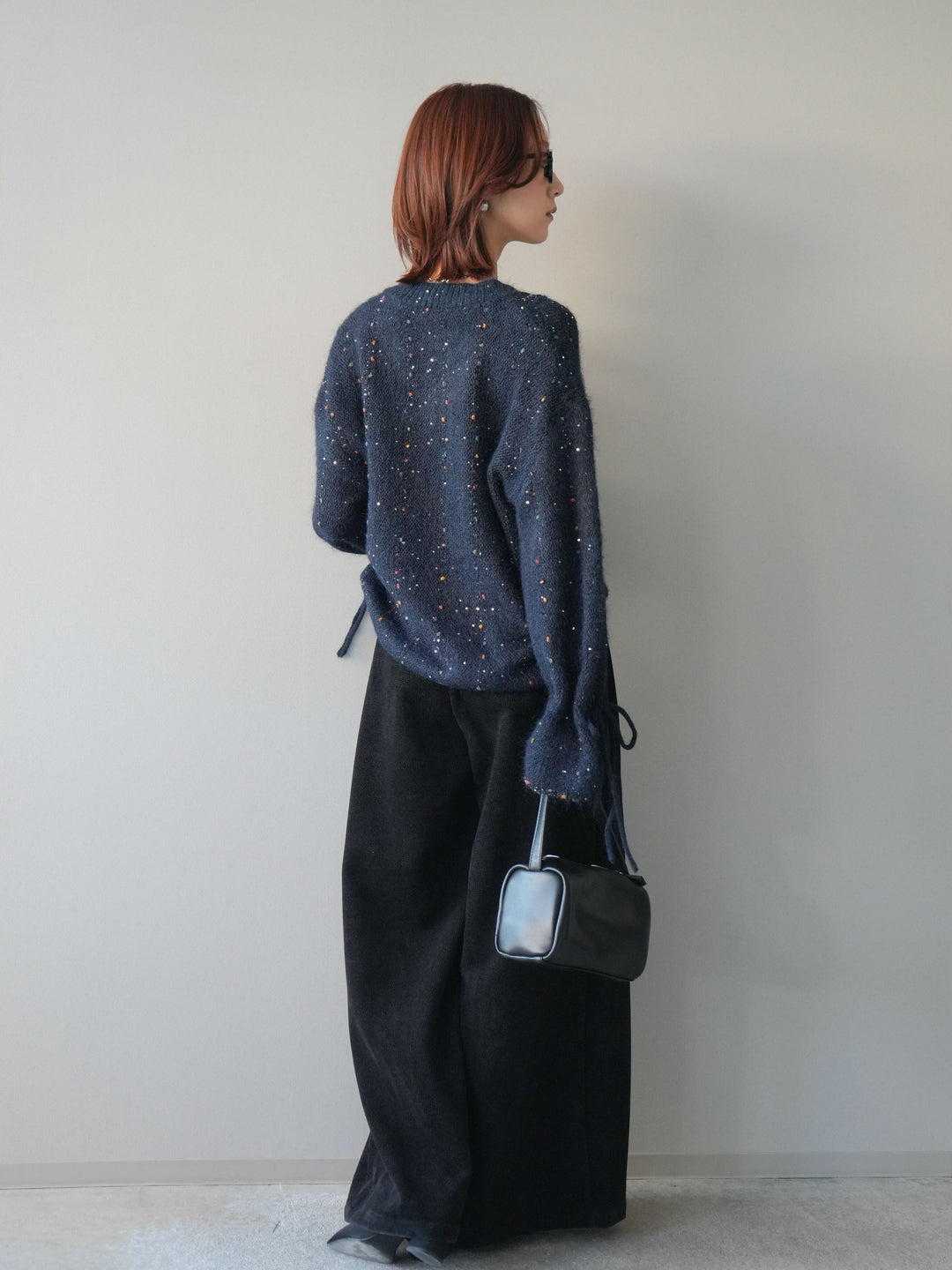 [SET]キャンディースリーブカラーネップスパンコールニットプルオーバー+ベルトデザインループコールテンワイドパンツ(ベルト付き)(2set)