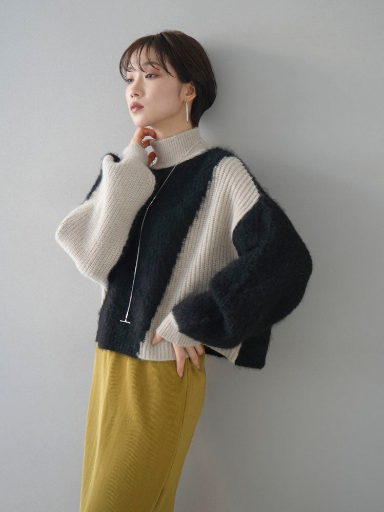 [Pre-order] Bicolor high-neck short knit pullover made from different materials / Black