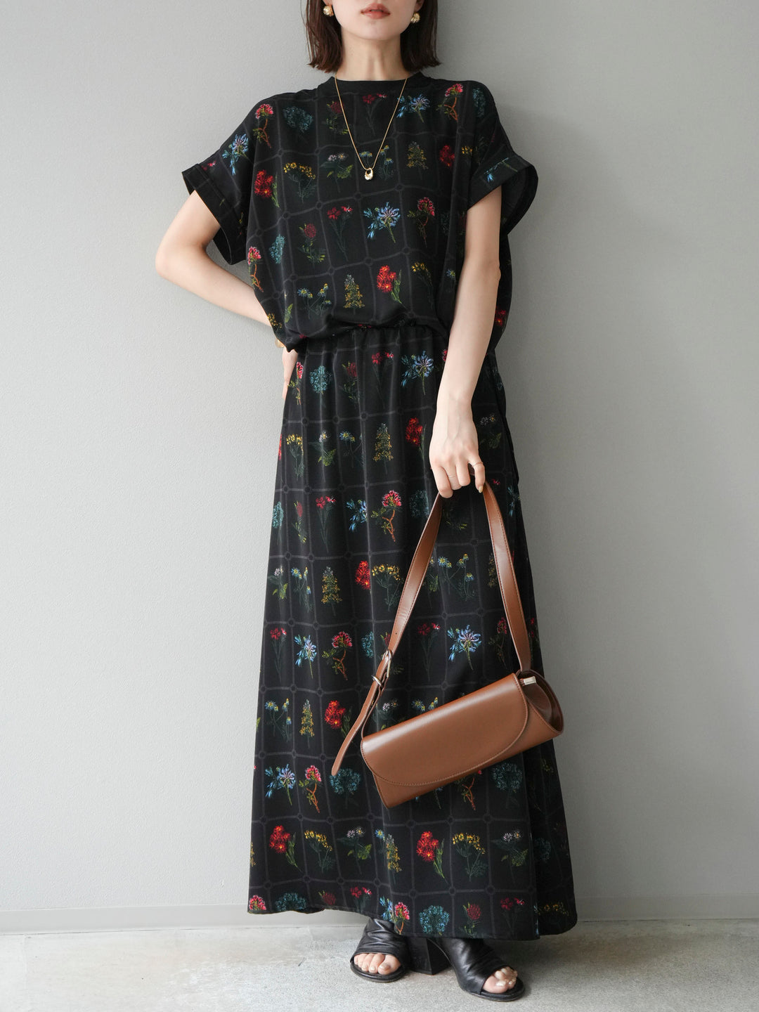 [予約]パッチワークフラワープリントフレアスカート/ブラック