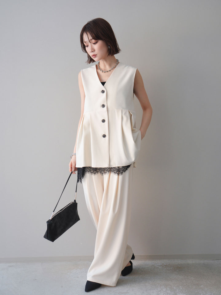 [予約]ウエストバイカラータックワイドパンツ/ivory