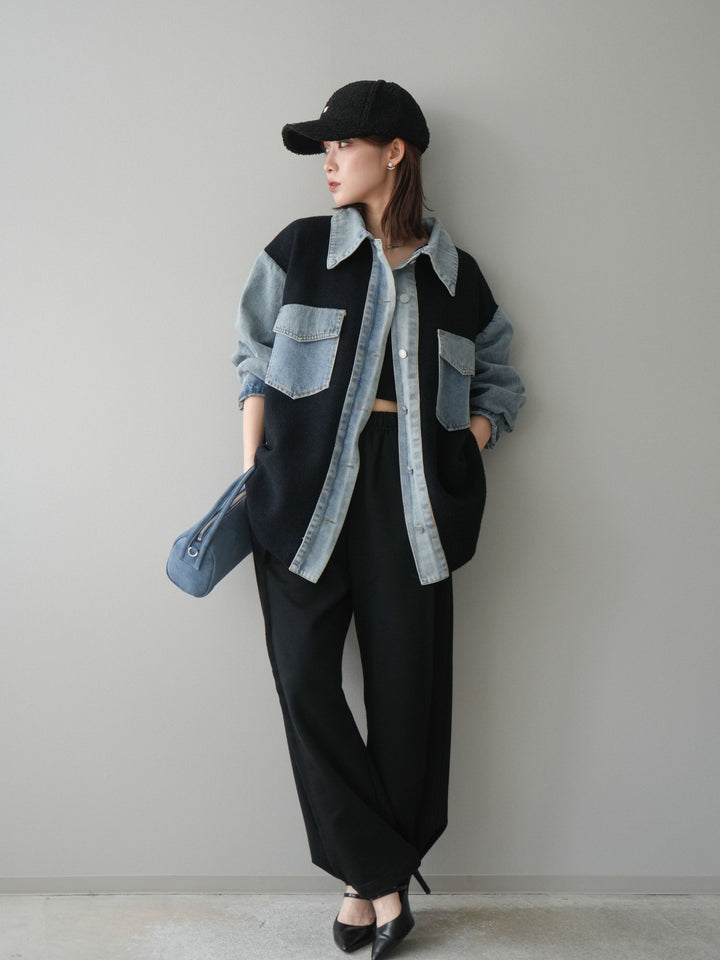 [SET]デニム襟ダブルフェイスニットカーディガン+2WAYデザインスウェットパンツ(2set)