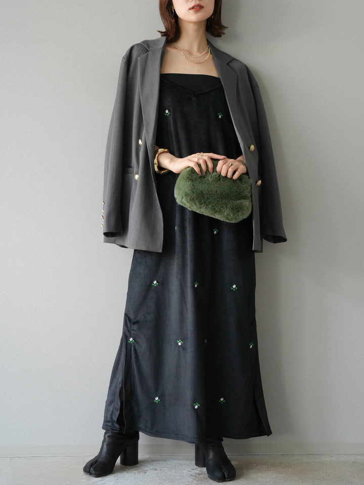 [予約]フラワー刺繍ベロアキャミワンピース/ブラック