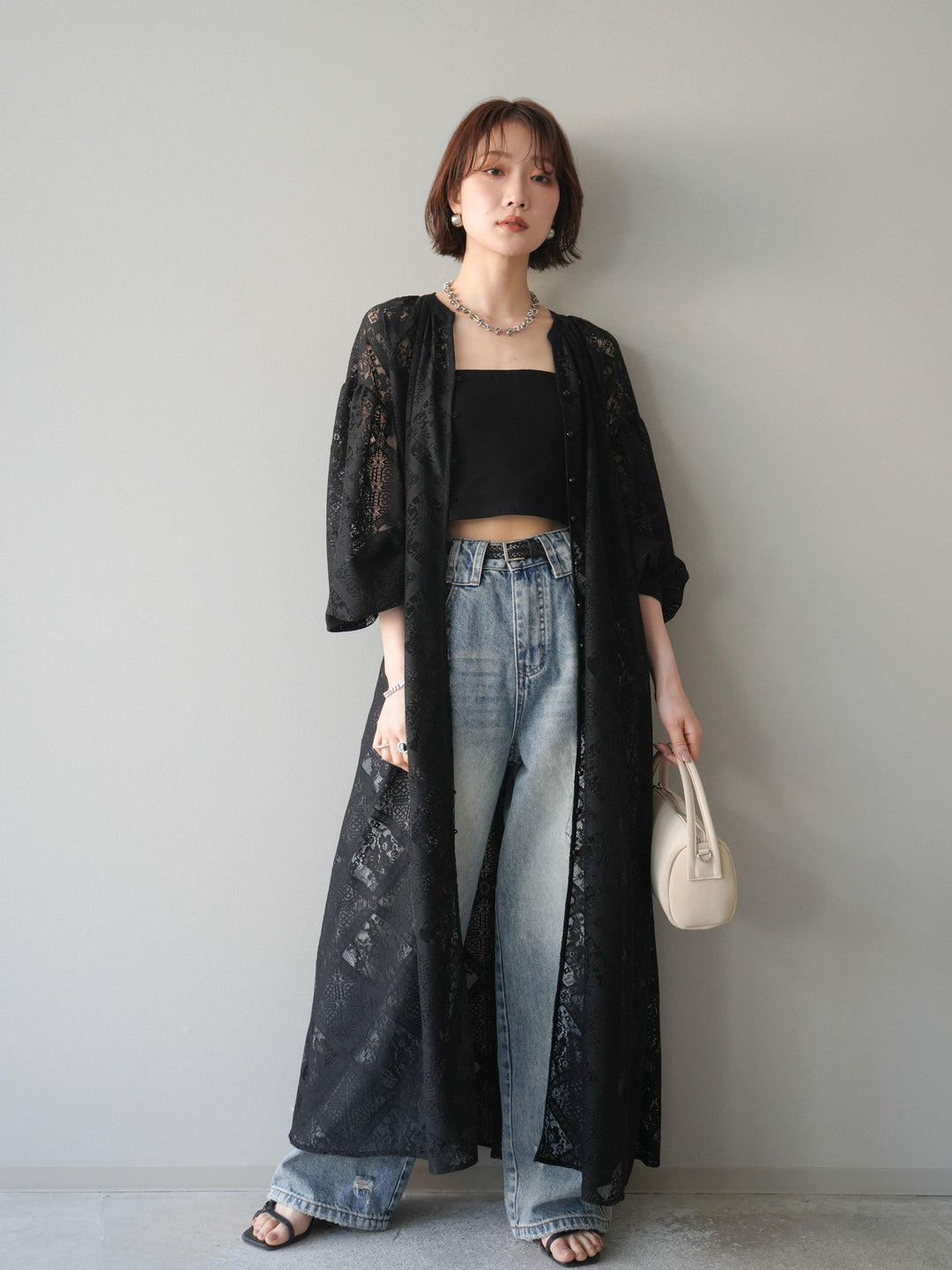 【預購】薄紗蕾絲長裙 / 黑色