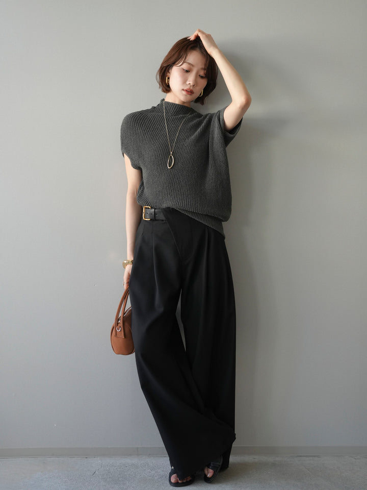 [SET]アシンメトリーローゲージニットトップス+アシンメトリーベルトタックワイドパンツ(2set)