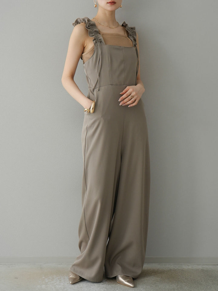 [預訂] 繫帶荷葉邊連身衣/灰褐色