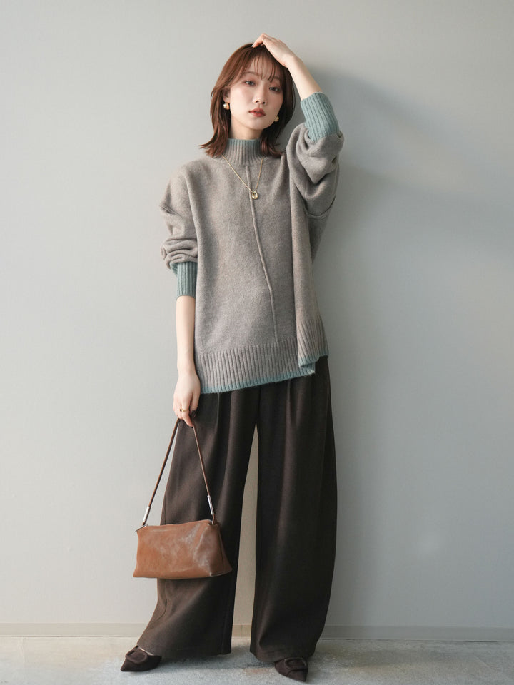 [予約]アニマル柄ベルト付きウールタッチワイドパンツ/brown