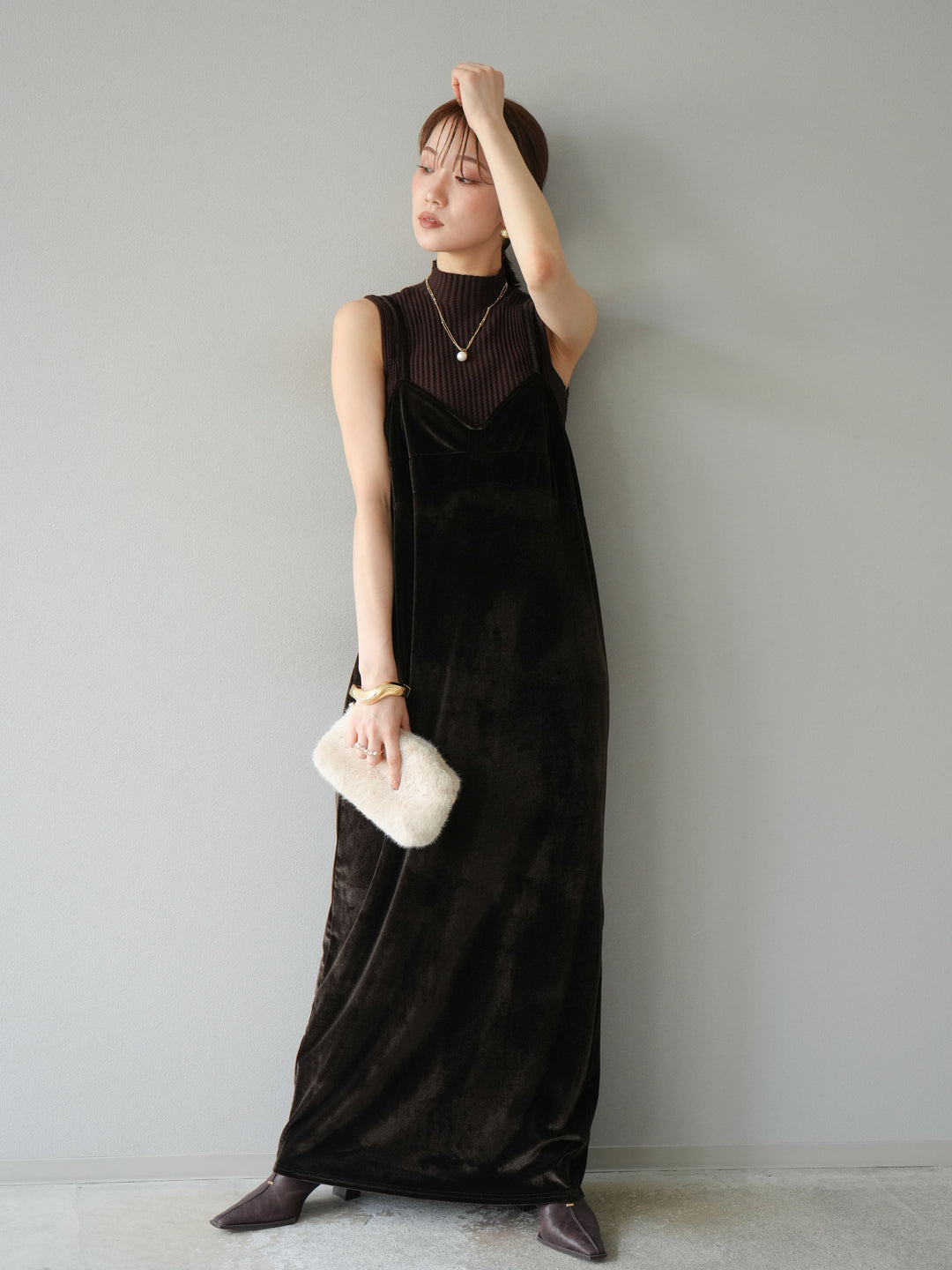 [予約]ベロアビスチェキャミワンピース/ブラウン