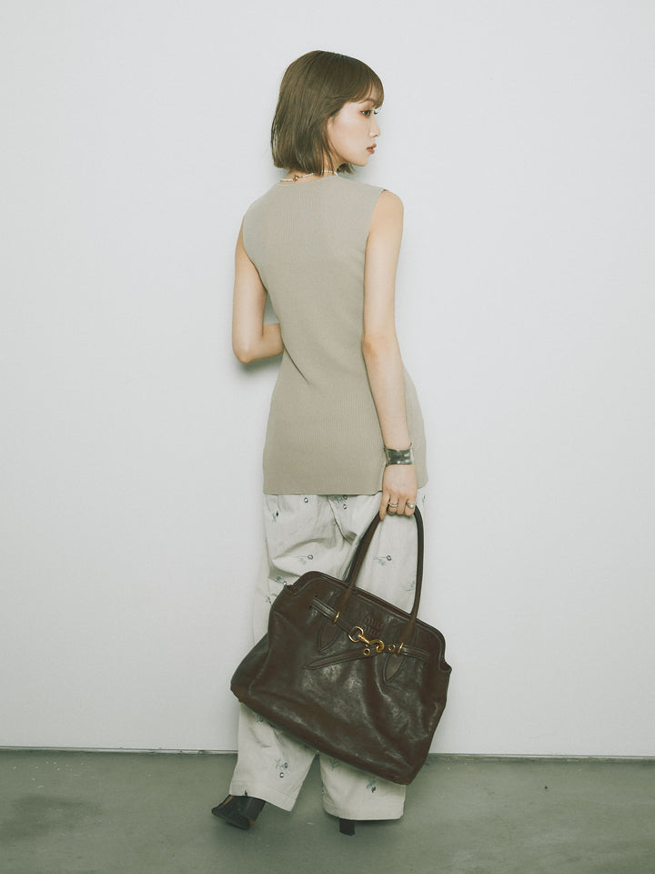 [予約]フロントスリットリブシェイプニットトップス/ベージュ