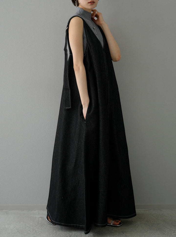 [Pre-order] Denim zip flare dress/black