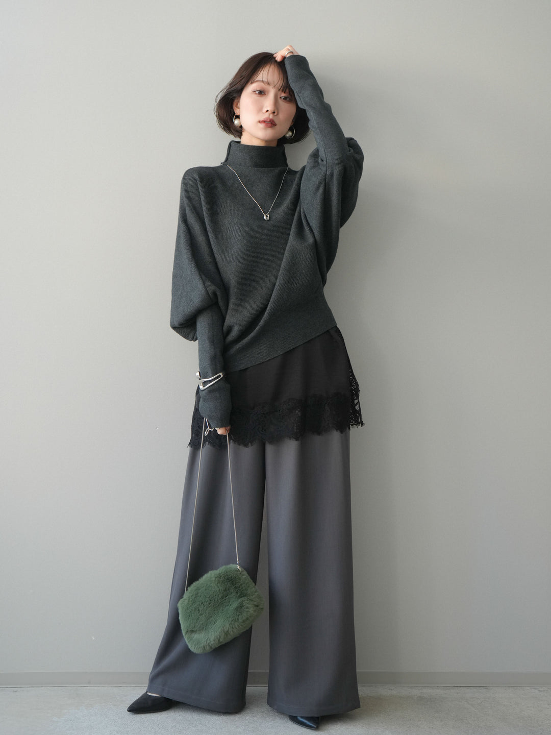 [予約]ウエストレースタックワイドパンツ/gray