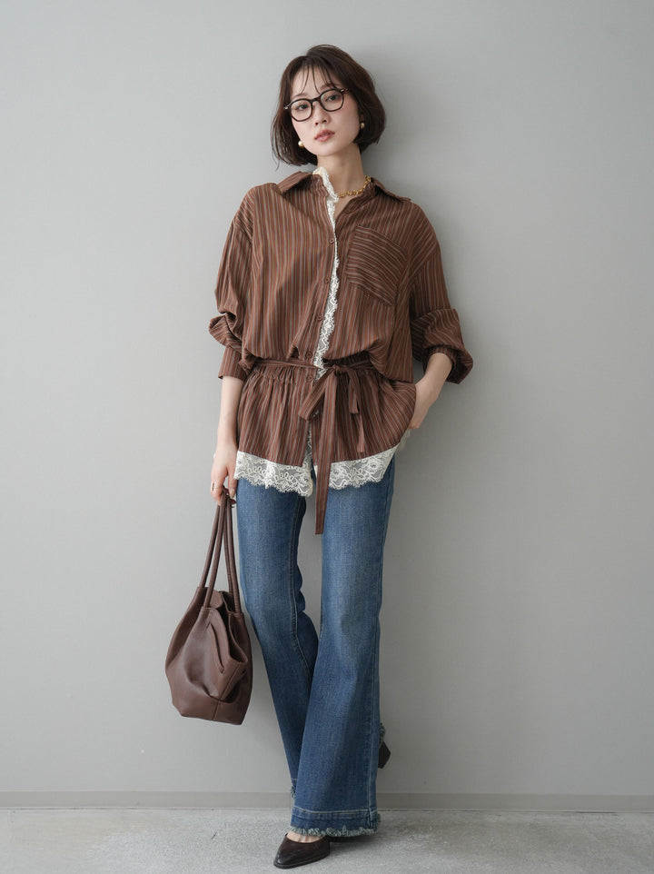 [SET]レース付ストライプウエストギャザーシャツ+フリンジデザインセミフレアデニム(2set)