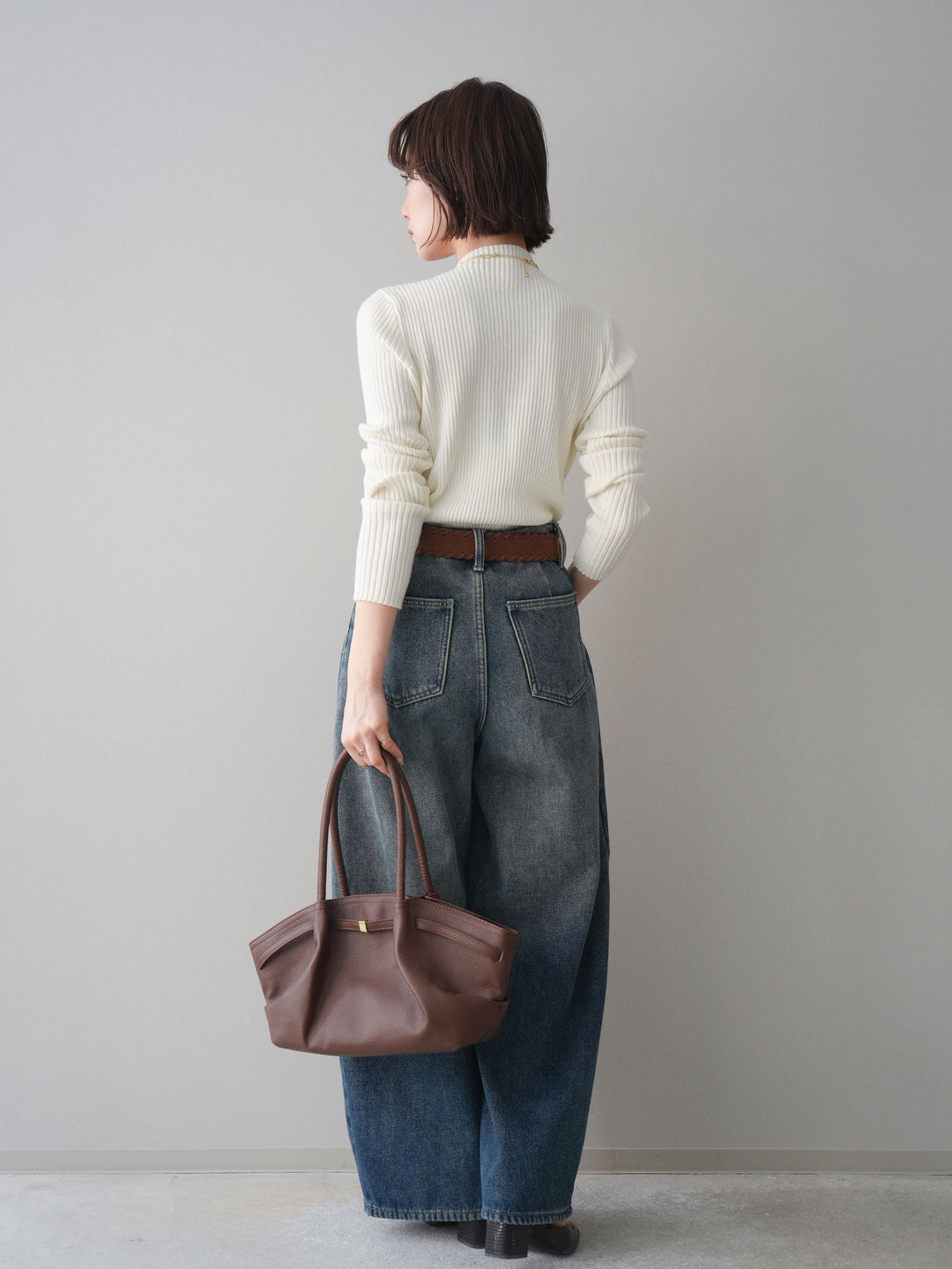 [SET]シアー切替スパンコールリブニットトップス+ベルト付ポケット刺繍カーブデニムパンツ(2set)