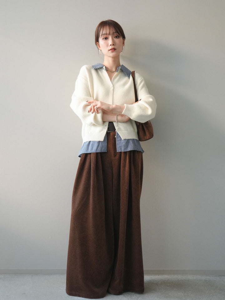 [SET]チェックシャツ襟ニットカーディガン+ベルトデザインループコールテンワイドパンツ(ベルト付き)(2set)