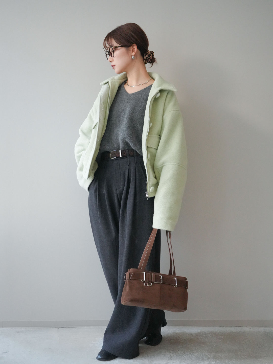 [SET]アニマル柄ベルト付きウールタッチワイドパンツ+アニマル柄ベルト付きウールタッチワイドパンツ(2set)