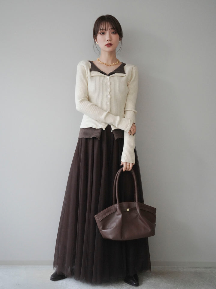 [予約]配色レイヤードリブニットカーディガン/ivory