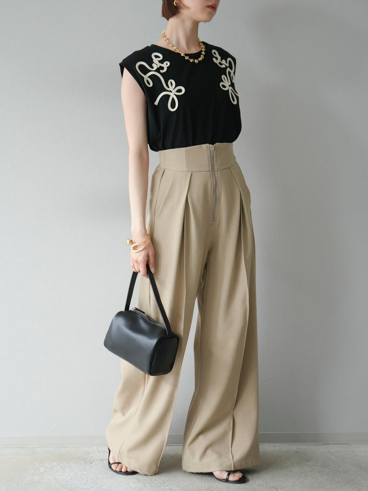 [SET]コード刺繍フレンチスリーブTシャツ+ジップタックワイドパンツ(2set)
