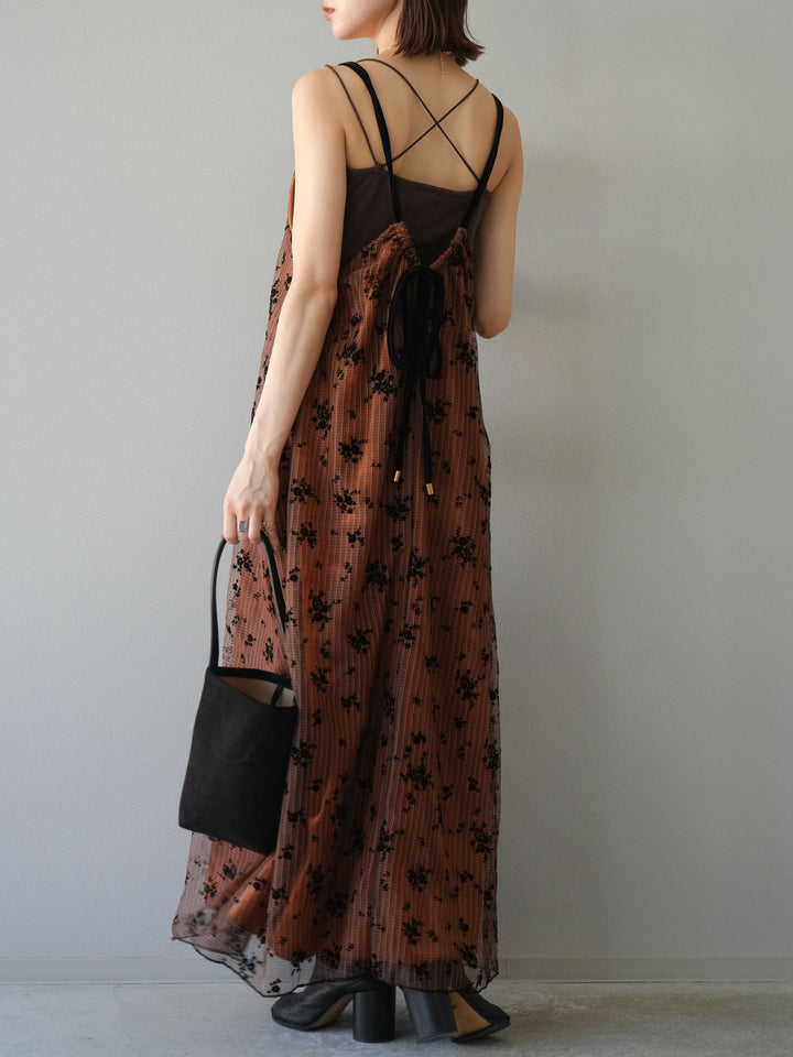 [SET]フロッキーチュールレイヤードベロアキャミワンピース+カップ付きバッククロスキャミソール(2set)