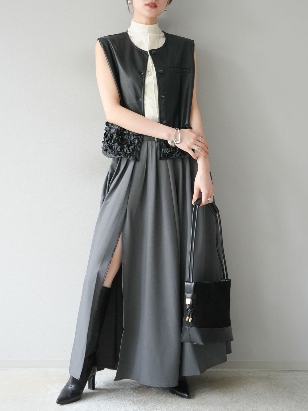 [予約]エステルプリーツスリットスカート/グレー