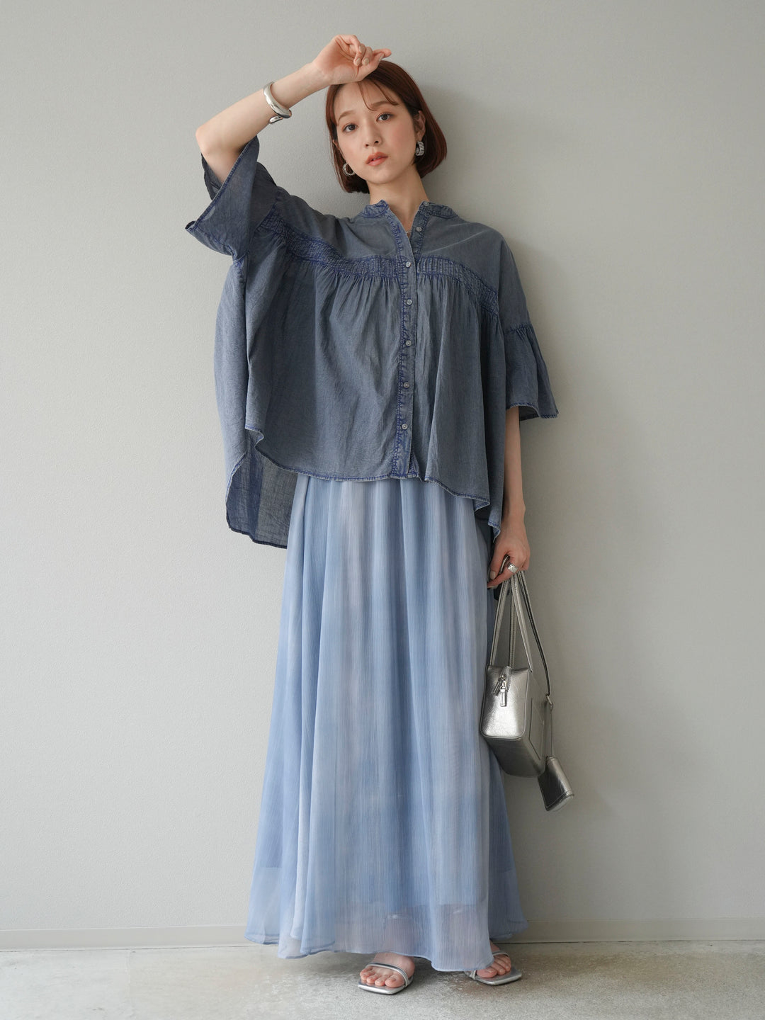 [予約]ニュアンスシアーフレアスカート/ブルー