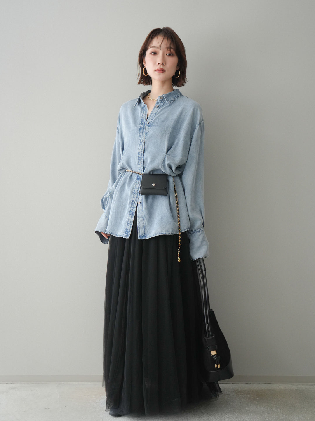 [SET]テンセルデニムタックシャツ+チュールボリュームスカート(2set)