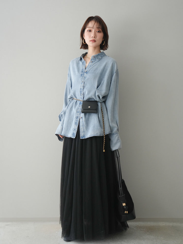 [SET]テンセルデニムタックシャツ+チュールボリュームスカート(2set)