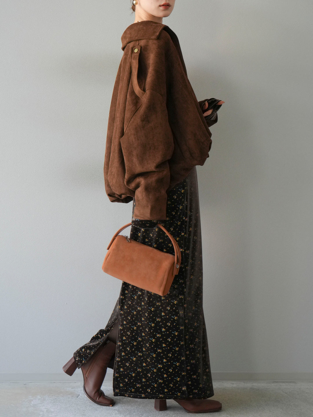 [予約]ベロアフラワープリントIラインスカート/ブラウンxイエロー