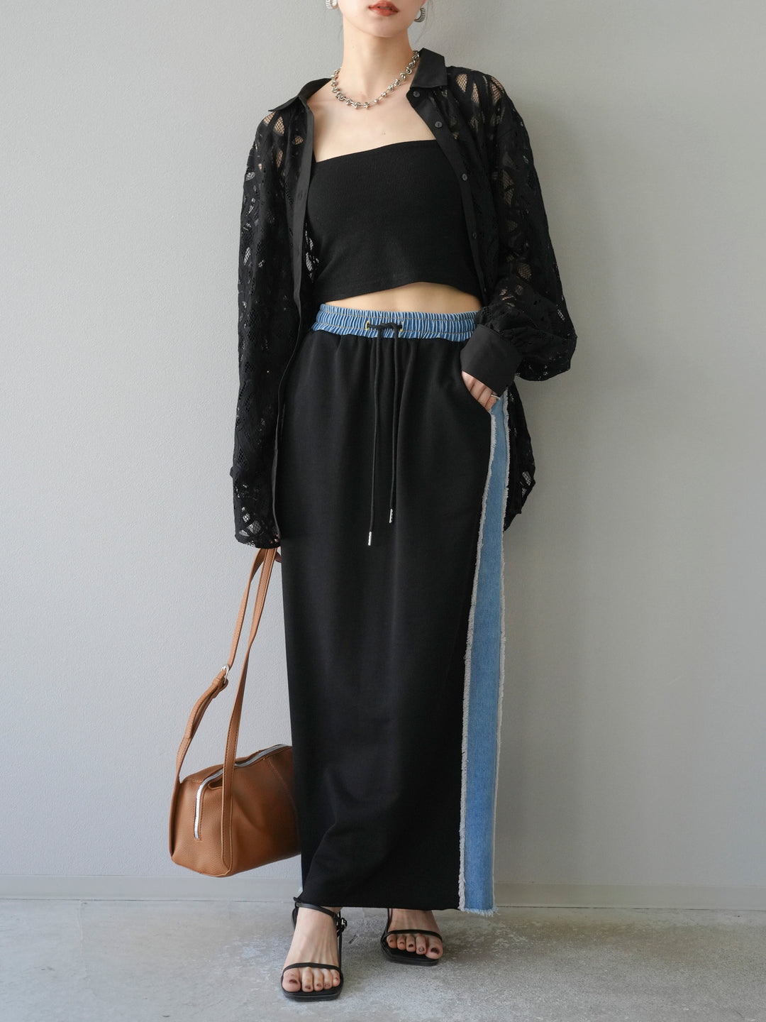 [SET]コードレースオーバーシャツ+デニムドッキングスウェットスカート(2set)